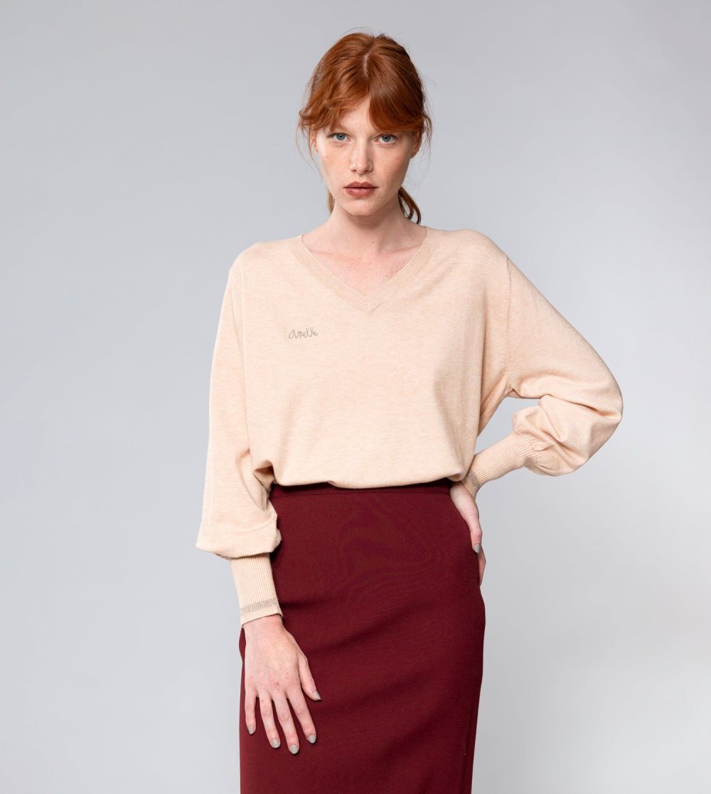 Svetre Anekke Beige Shoen V-neck Sweater Damske | 5967810-IP